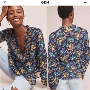 Meadow Rue by Anthropologie Floral V-Neck Blouse - Blue and Yellow print